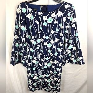 Talbots Petite Floral Bell Sleeve Navy and Mint Dress Sz 4P